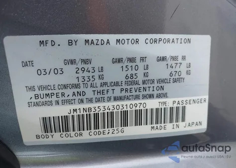 2003 Mazda Mx-5 Miata Cloth/Ls/Se/Shinsen from USA, damaged, VIN JM1NB353430310970